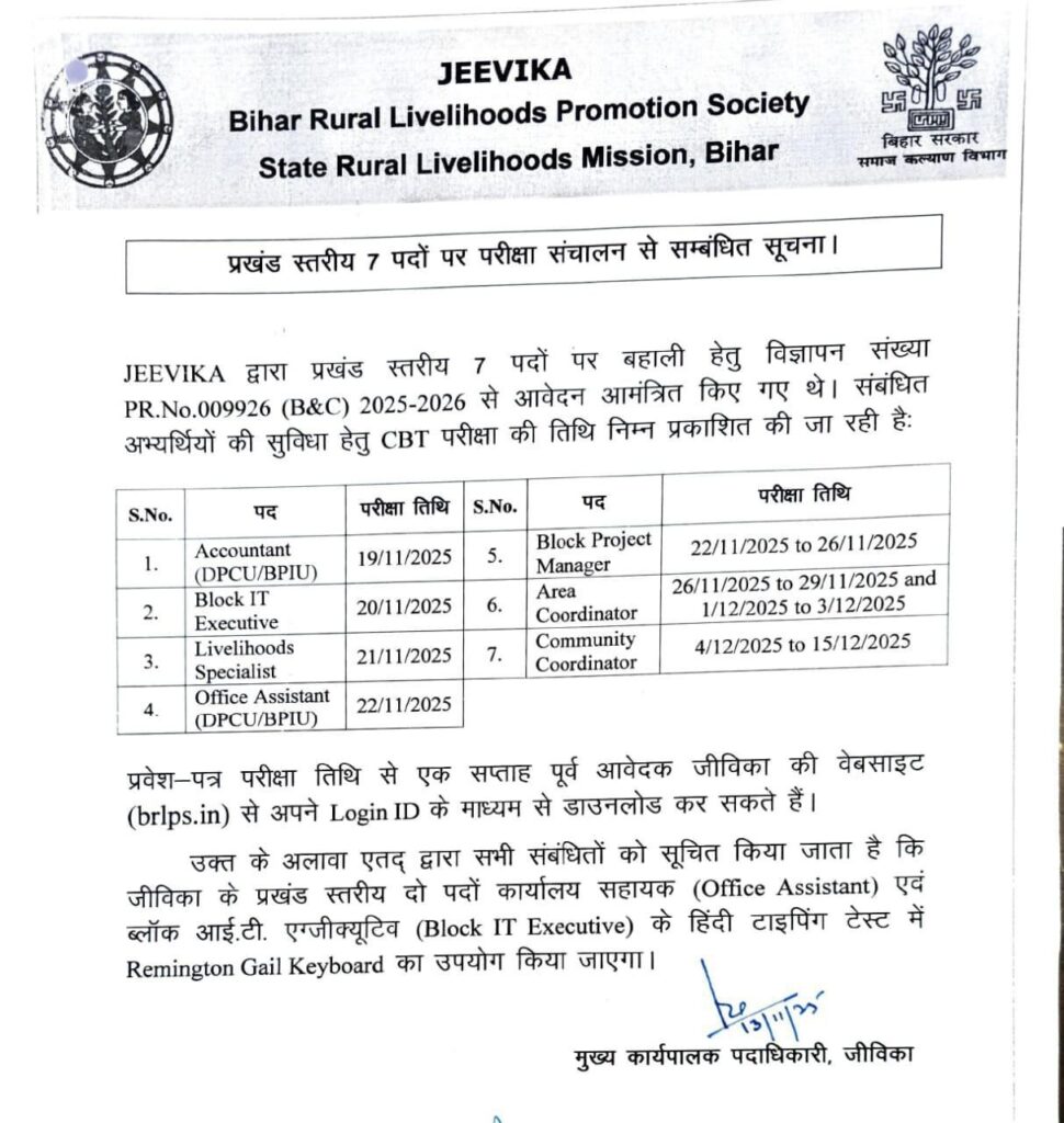 Bihar JEEViKA Exam Date 2025