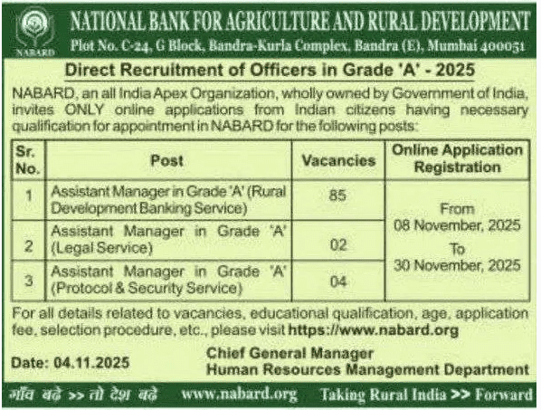 NABARD Officers Grade A Recruitment 2025 Short Notice image of NABARD Officers Grade A Recruitment 2025