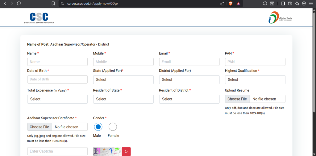 CSC Aadhaar Operator & Supervisor Vacancy 2026