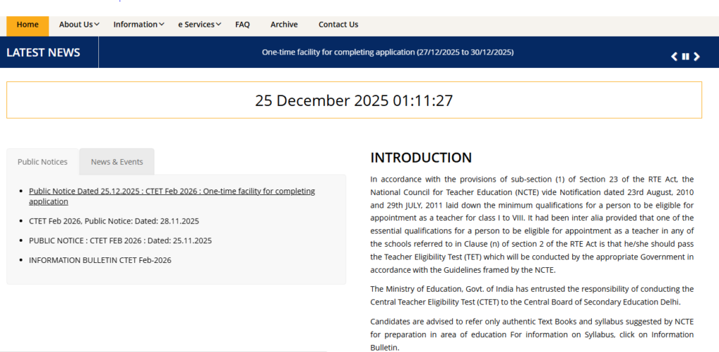 CTET website homepage for CTET Exam Date 2026