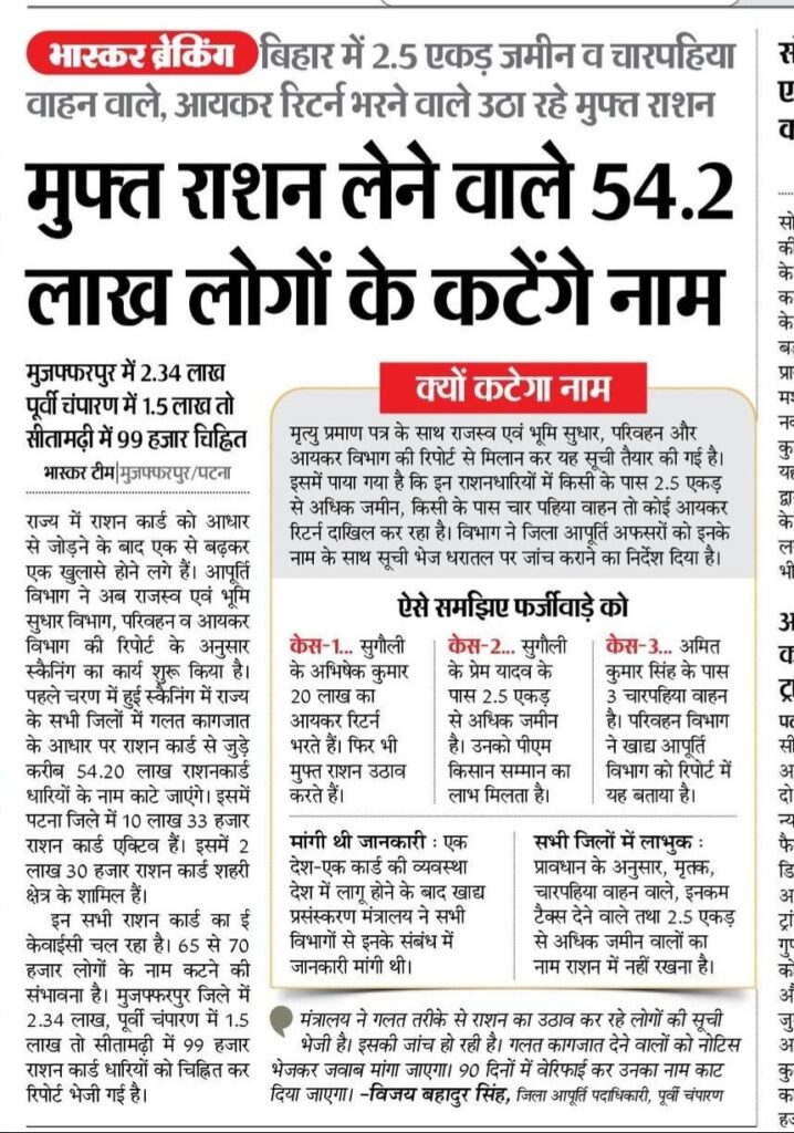 Bihar CSBC Constable Recruitment 2025 News Paper Cutting For Bihar Ration Card Verification 2025