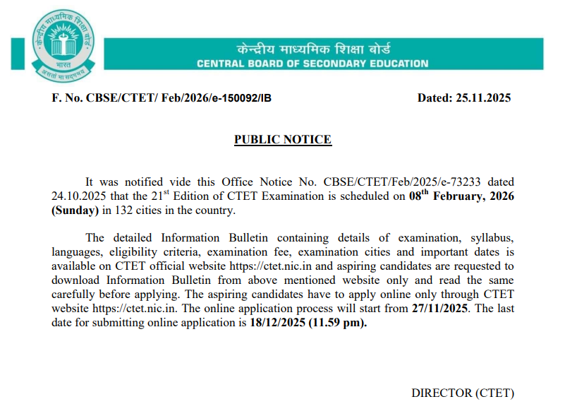 notice image of CTET Exam Date 2026