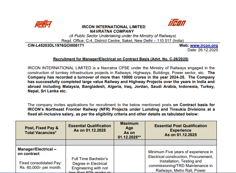 IRCON Manager Recruitment 2026 – Notification Details