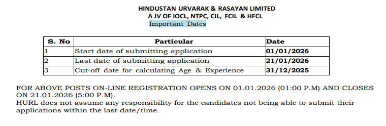 HURL Recruitment 2026: Important Dates 
