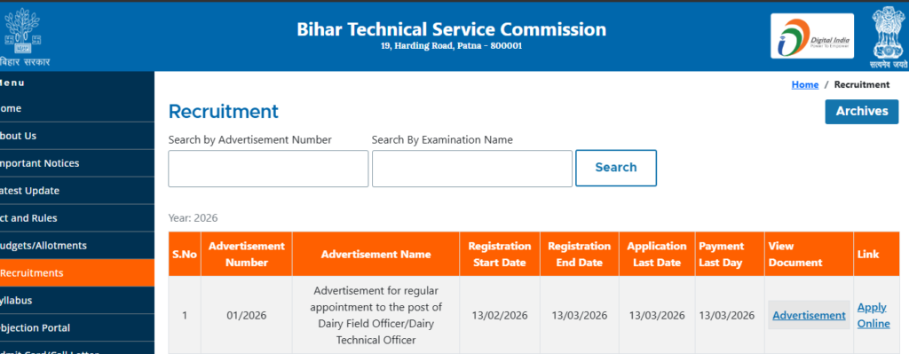 BTSC Dairy Field Officer Recruitment 2026 apply online option image