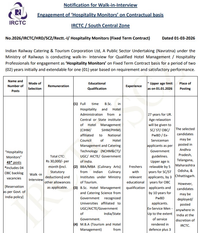 IRCTC Hospitality Monitors Recruitment 2026 Notification