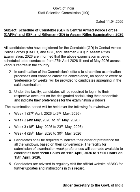 official notification image of Exam Date for SSC GD Constable Admit Card 2026