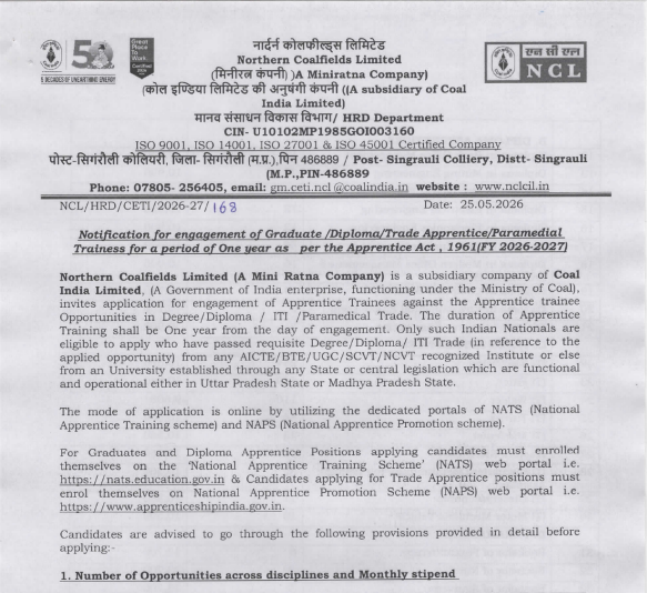 Polytechnic के बाद सरकारी नौकरी Notification image of NCL Apprentices Recruitment 2026